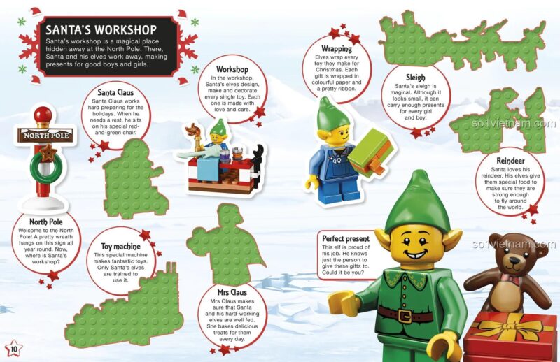 Sách sticker ISBN9780241256268, hình ảnh xưởng Ông Già Noel, các chú lùn, quà tặng, phát triển trí tưởng tượng cho bé trai và bé gái.
