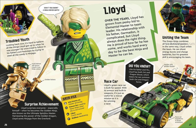 Trang sách về nhân vật Lloyd và xe đua của anh ấy trong sách hướng dẫn Ninjago Dorling Kindersley, đồ chơi giáo dục Các Ninja Ninjago, thông tin thú vị, kích thích sự sáng tạo cho bé trai 6 tuổi.