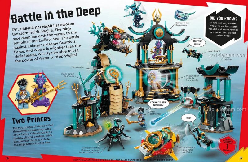 Trang sách mô tả trận chiến dưới biển sâu "Battle in the Deep" với Kalmaar và Wojira trong sách Dorling Kindersley ISBN9780241629406, đồ chơi phát triển trí tuệ Thế giới Ninja, hình ảnh ấn tượng, giúp bé tưởng tượng các cuộc phiêu lưu.