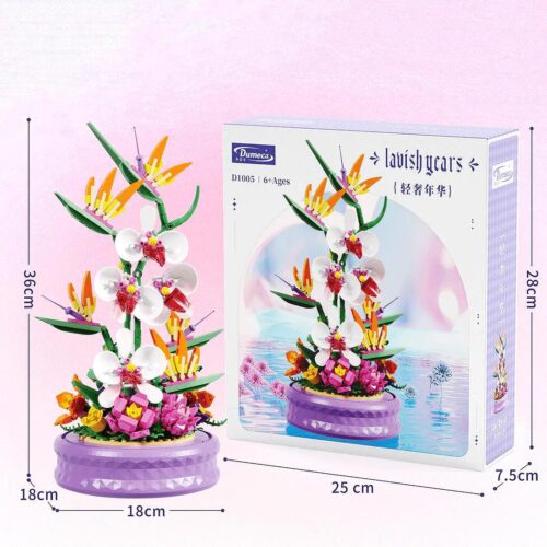 Dumeca D1005 Chậu Lan Hồ Điệp Tím bộ lắp ghép, mô hình hoa trang trí tinh xảo, 476 mảnh, cho bé 6 tuổi, màu trắng, tím, hồng, cam, xanh lá, kích thước mô hình 18x18x36cm, kích thước hộp 28x25x7.5cm