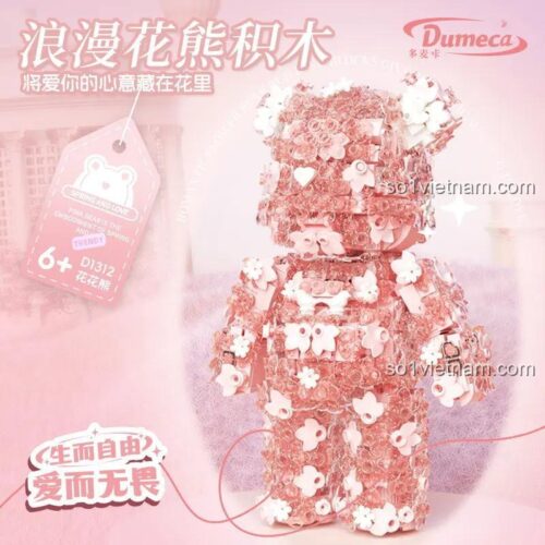 Mô hình Gấu Hoa D1312 sau khi lắp ráp hoàn chỉnh, thiết kế lãng mạn với các chi tiết hoa hồng.