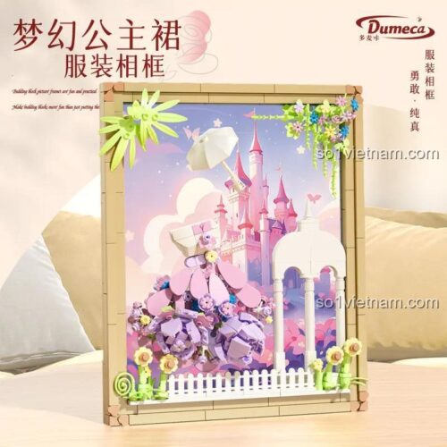 Hộp sản phẩm Dumeca D3001 Khung ảnh Công chúa Mộng mơ, bộ lắp ghép mini block, 648 chi tiết, màu hồng tím, trang trí hoa lá, lâu đài cổ tích, đồ chơi sáng tạo cho bé gái 6 tuổi