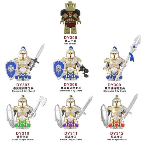 Bộ đồ chơi Minifigure World of Warcraft DY Minifigs DY306 giá tốt cho bé trai 8 tuổi, gồm 7 nhân vật lính Stormwind và Orc Soldier, giúp bé sáng tạo và kể chuyện.