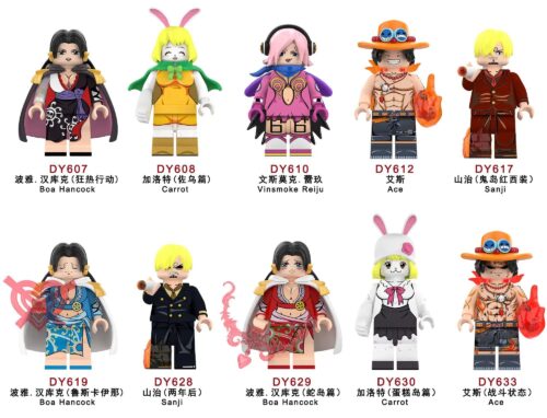 Bộ 10 minifigure One Piece DY610, bao gồm Boa Hancock, Carrot, Vinsmoke Reiju, Ace, Sanji, với các nhân vật quen thuộc từ bộ truyện tranh/anime One Piece, phù hợp cho bé 6 tuổi