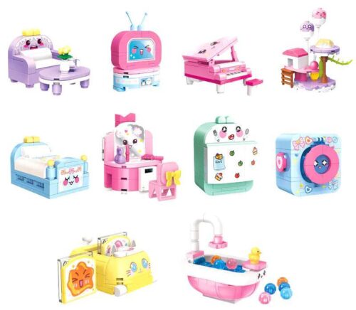 Ảnh chụp toàn bộ 10 mẫu của bộ đồ chơi Mô hình nội thất mini Enlighten 35016, một bộ sưu tập đồ gia dụng tí hon giá rẻ cho bé gái 8 tuổi.