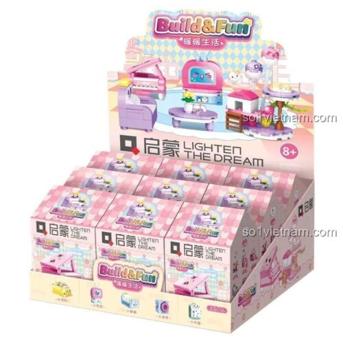 Hộp trưng bày của bộ lắp ghép Đồ chơi nhà búp bê Enlighten 35016, cho thấy các hộp mù nhỏ bên trong, phù hợp làm quà tặng.