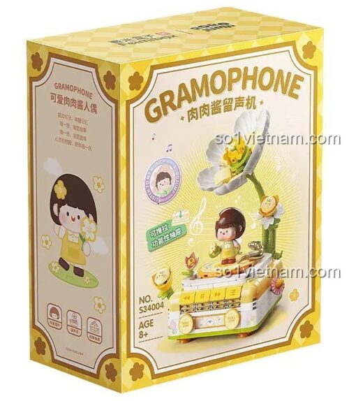 Hộp sản phẩm máy hát đĩa than "Thịt Hộp" Femibox S34004, đồ chơi sáng tạo cho bé gái, có hình ảnh minh họa sản phẩm và thông tin độ tuổi