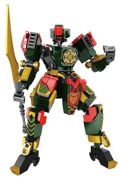 Mô hình Infinite Mech: Quan Vũ Tây Du Cơ Giáp FC1514 của Forange, 238 chi tiết, màu xanh lá, đỏ, vàng, đen, có vũ khí, khớp nối linh hoạt, phù hợp cho bé trai 6 tuổi
