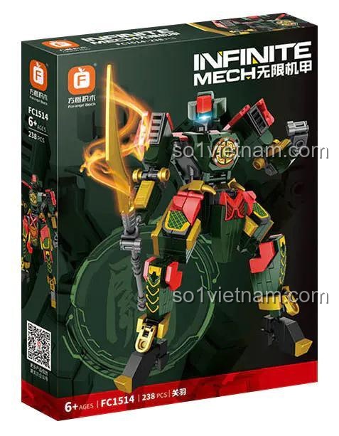 Hộp sản phẩm Infinite Mech: Quan Vũ Tây Du Cơ Giáp FC1514 của Forange, có hình ảnh mô hình, thông tin sản phẩm, 238 chi tiết, độ tuổi 6+