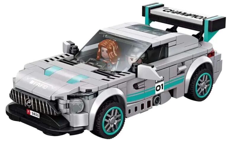 Siêu xe đua Racing Club Forange FC1611 màu xám trắng xanh lơ, có đèn LED và âm thanh, chạy lùi, 308 mảnh, 2 minifigures, cho bé 6 tuổi