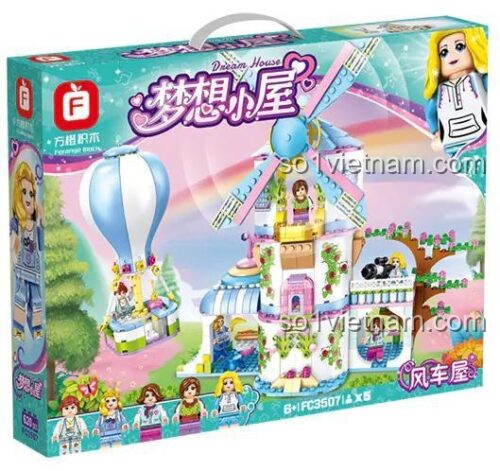 Hộp sản phẩm đồ chơi xếp hình Forange FC3507, thể hiện hình ảnh Cối xay gió mộng mơ và 5 nhân vật búp bê đi kèm, món quà tuyệt vời cho con gái.