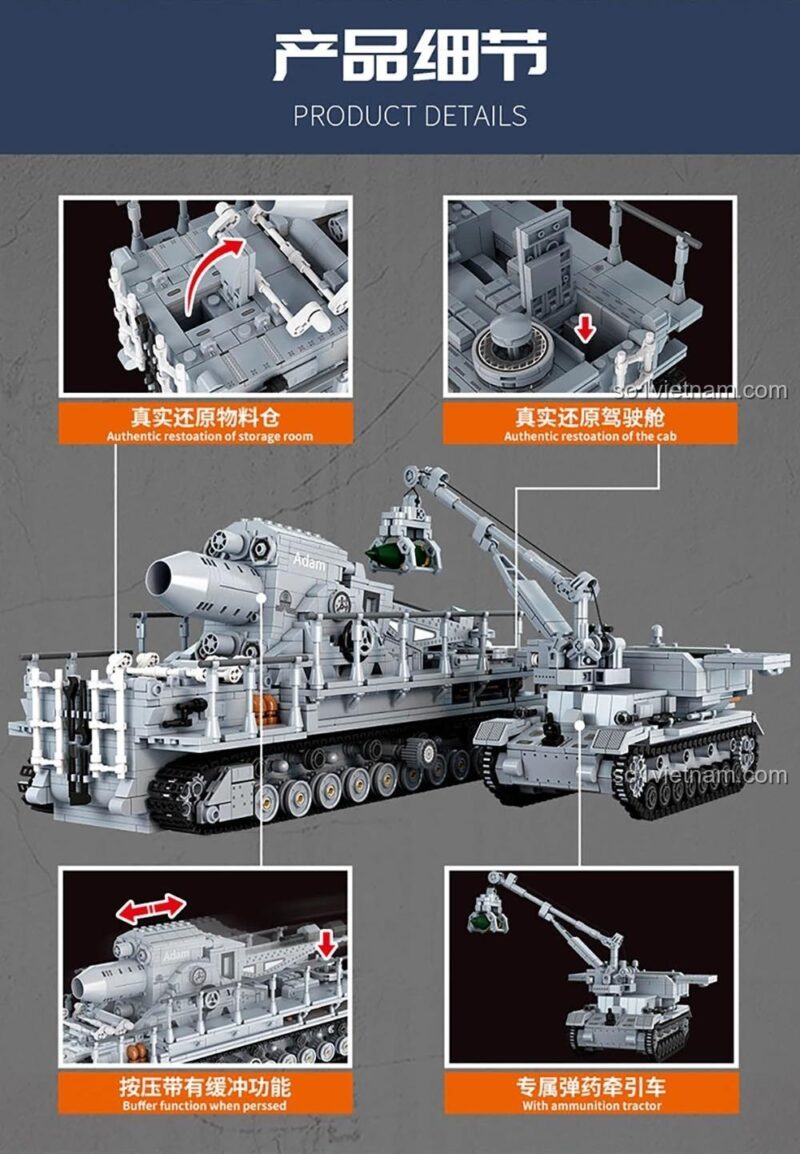 Chi tiết tính năng của bộ lắp ghép Forange FC4303 Pháo cối Karl, khoang chứa đạn, buồng lái, chức năng đệm, xe kéo đạn, đồ chơi xây dựng chất lượng.