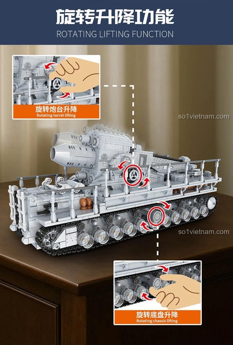 Chức năng xoay và nâng hạ của pháo cối Karl Forange FC4303, mô tả cơ chế hoạt động, đồ chơi xây dựng phát triển tư duy.