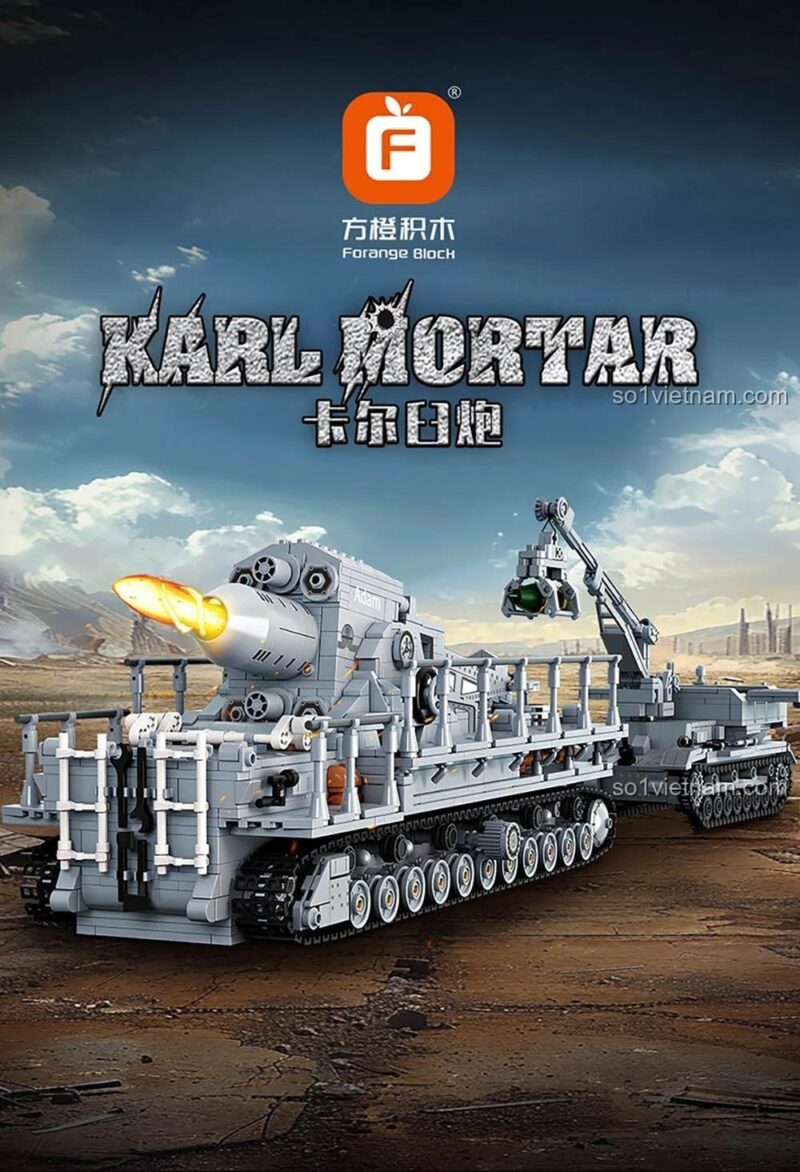 Mô hình pháo cối Karl Forange FC4303, toàn cảnh trên nền trời mây, thể hiện kiệt tác quân sự, đồ chơi xây dựng cho bé trai.