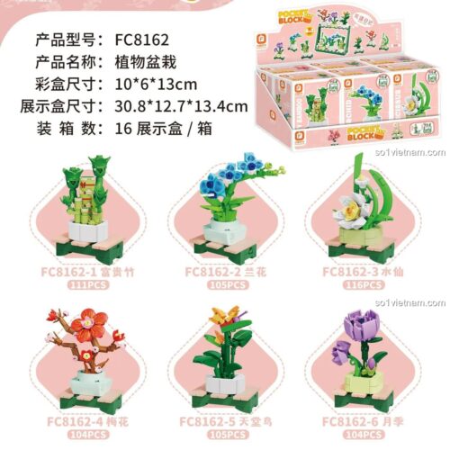 Đồ chơi mô hình chậu cây cảnh Forange FC8162, hiển thị kích thước chi tiết từng chậu cây và hộp trưng bày, chất lượng cao, đáng tiền cho mẹ có con 6 tuổi.