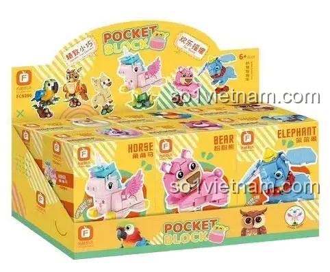Hộp sản phẩm set đồ chơi Lạc đà không bướu lắc lư và đồ chơi lắp ráp Vẹt lắc lư Forange FC8286, bộ 6 mô hình động vật dễ thương, chất lượng cao.