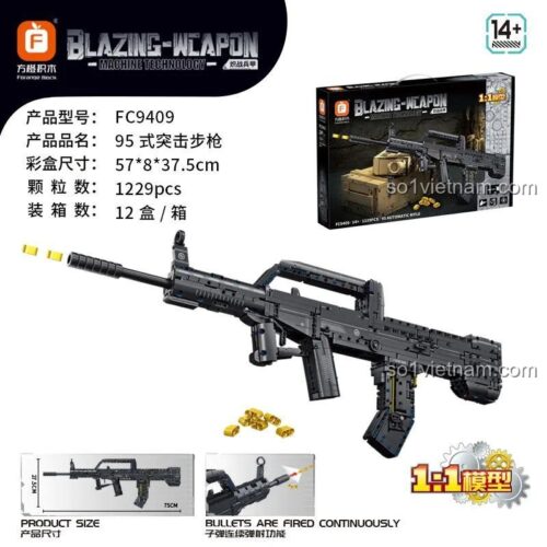 Hộp sản phẩm Forange FC9409 Súng trường tấn công Kiểu 95, thể hiện kích thước mô hình 1:1 và tính năng bắn đạn, đồ chơi mô hình quân sự cho bé trai 14+.
