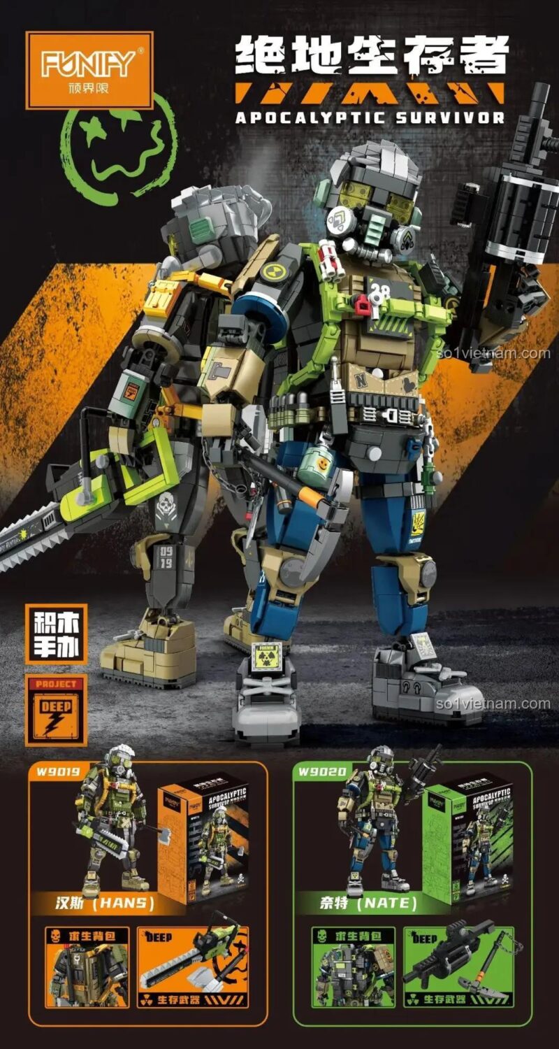 Hai mô hình người lính FUNIFY W9100 Apocalyptic Survivor Hans và Nate, đồ chơi lắp ghép quân sự