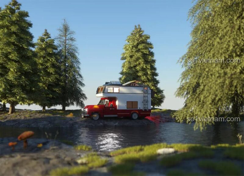 Bộ đồ chơi Xe Camper F9012 của FunWhole bên bờ hồ, mang đến trải nghiệm lắp ráp thú vị cho bé trai 8 tuổi.