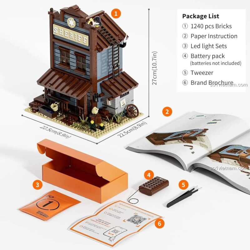 kích thước mô hình Văn phòng Cảnh sát trưởng Miền Tây F9026, danh sách phụ kiện đèn LED, nhíp, cho con trai 16 tuổi.