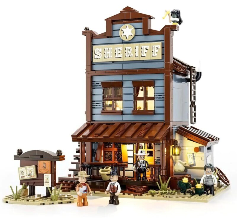bộ lắp ghép Văn phòng Cảnh sát trưởng Miền Tây, có đèn LED, thiết kế mô-đun, 4 minifigures, chủ đề Miền Tây cổ điển, cho con trai 16 tuổi, giá tốt.