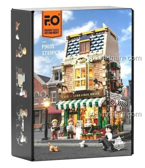 Hộp sản phẩm bộ xếp hình F9031 Tiệm Cà Phê Sách của FunWhole, gồm 1718 chi tiết, phù hợp làm quà tặng.