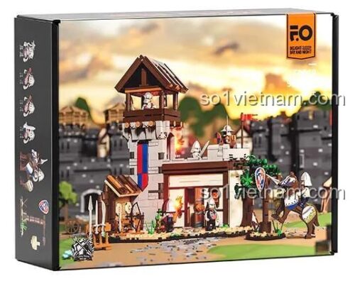 Hộp sản phẩm của bộ xếp hình F9048 Thao Trường Luyện Binh Trung Cổ từ FunWhole, thể hiện hình ảnh mô hình và các minifigure hiệp sĩ.