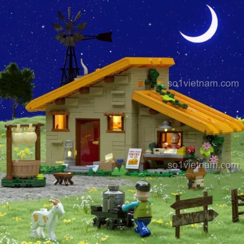 Hình ảnh bộ xếp hình FunWhole F9049 Căn nhà nông trại yên bình vào ban đêm, với đèn LED bên trong phát sáng ấm cúng dưới bầu trời trăng khuyết. Lựa chọn thay thế tiết kiệm cho LEGO®.