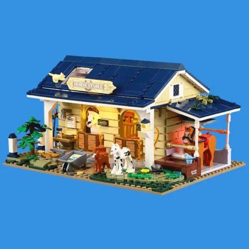 Hình ảnh hoàn thiện của bộ lắp ghép Mô hình Chuồng Ngựa FunWhole F9080, nổi bật với hệ thống đèn LED ấm cúng. Món đồ chơi sáng tạo cho người lớn 16 tuổi, giá tốt.