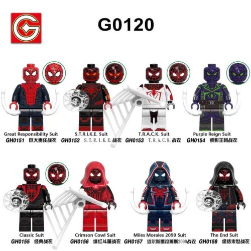 Bộ đồ chơi Minifigure Người Nhện G Brand G0120 gồm 8 mẫu giáp Spider-Man độc đáo, đồ chơi sáng tạo cho bé trai 6 tuổi giá rẻ.
