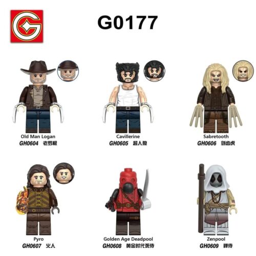 Bộ 6 minifigure G Brand G0177 Deadpool & Wolverine, bao gồm Old Man Logan, Cavillerine, Sabretooth, Pyro, Golden Age Deadpool và Zenpool. Đồ chơi mô hình giá rẻ cho bé trai 8 tuổi.