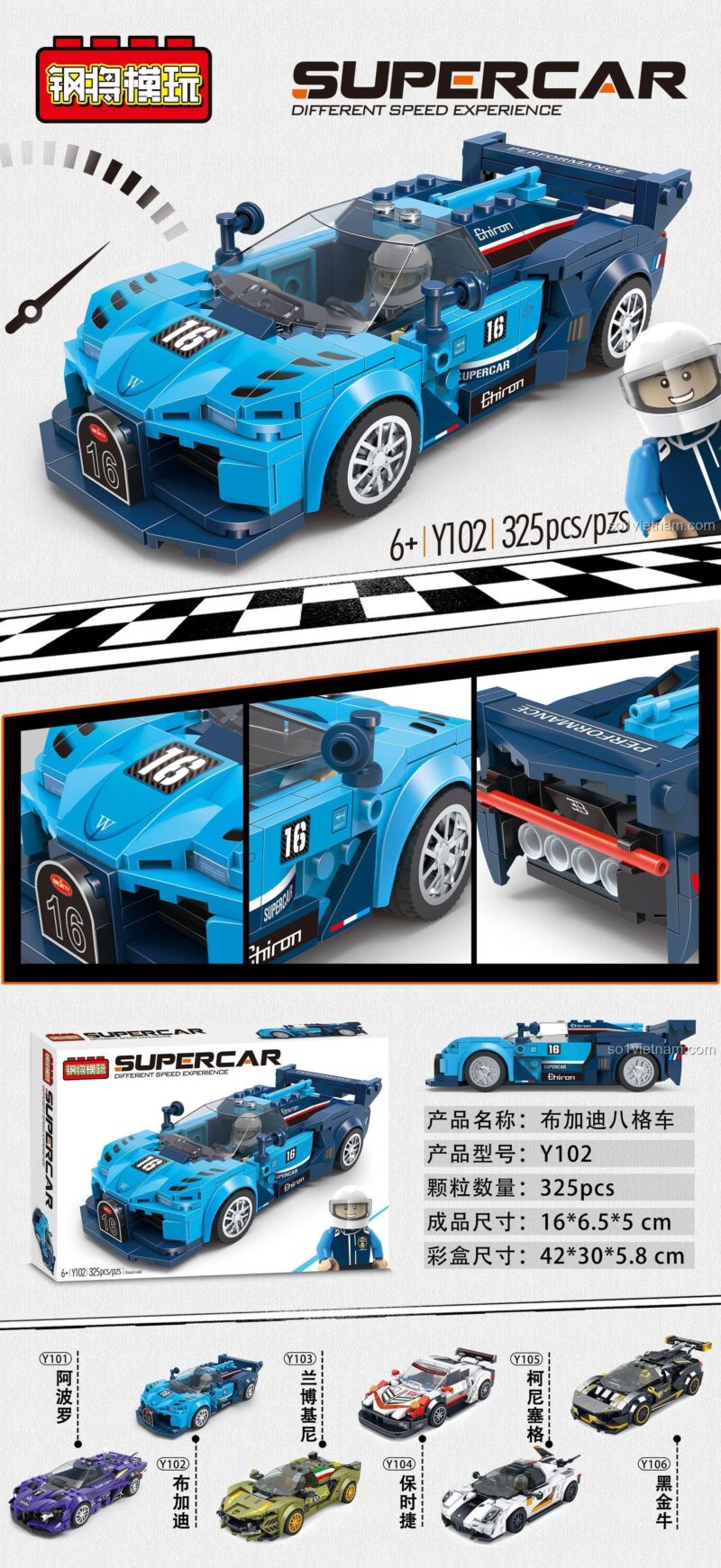 Chi tiết và kích thước của đồ chơi mô hình Xe thể thao Bugatti Y102, một lựa chọn chất lượng cao.