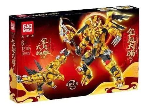 Hộp đồ chơi lắp ráp GAO MISI T3104 Thần Thoại Tướng Quân Kim Sí Đại Bằng Cơ Giáp với 515 mảnh ghép, phù hợp cho bé trai 6 tuổi, có khả năng biến hình 4 dạng.