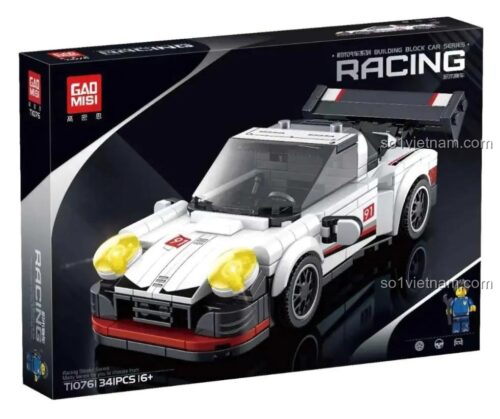 Hộp sản phẩm bộ đồ chơi lắp ráp xe Porsche T1076 của GAOMISI, có hình ảnh mô hình xe, thông số 341PCS 16+, Racing Series