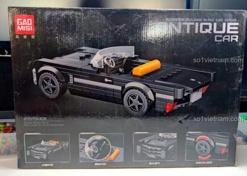 Mặt sau hộp đồ chơi lắp ghép GAOMISI T1092, hiển thị các chi tiết nổi bật của mô hình xe hơi cổ điển Cadillac.