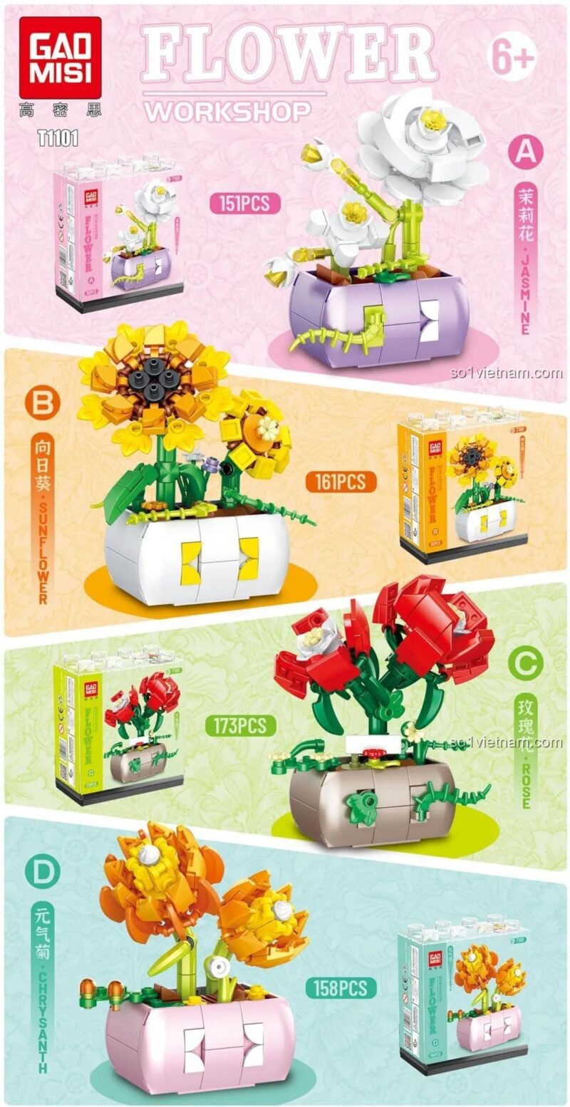 Chi tiết 4 mẫu chậu hoa trong bộ xếp hình Vườn hoa mini T1101: hoa nhài, hoa hướng dương, hoa hồng, hoa cúc. Đồ chơi mô hình Gaomisi chất lượng cao.