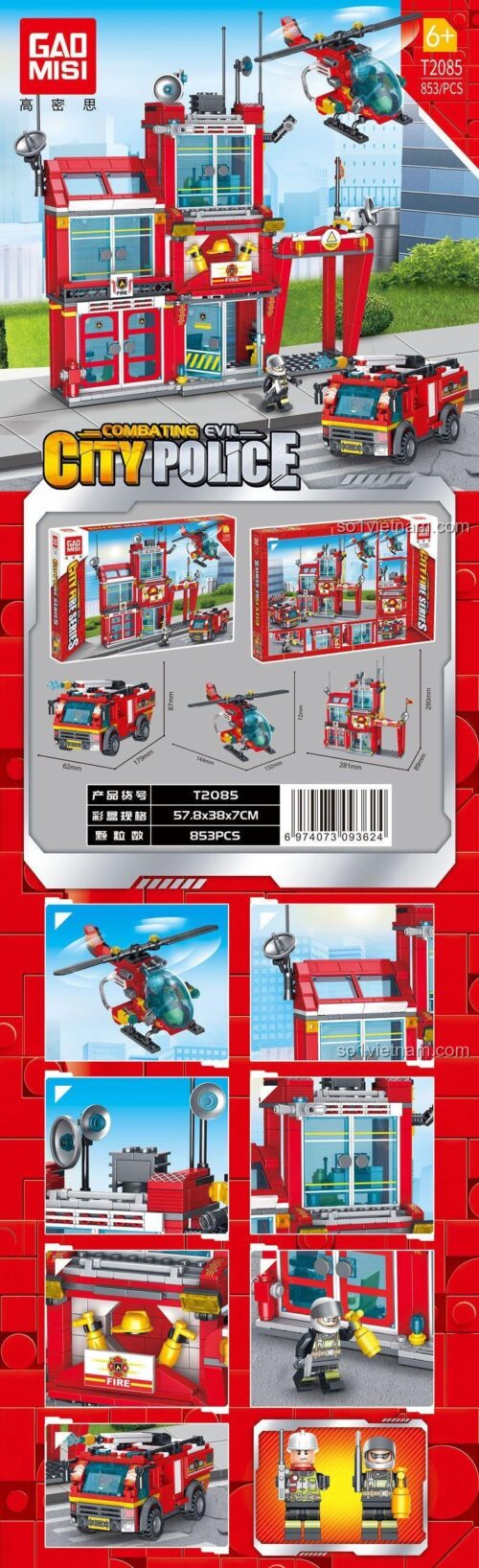 Mô hình Trạm Cứu Hỏa Thành Phố GAOMISI T2085 với các chi tiết xe cứu hỏa, trực thăng và lính cứu hỏa, thể hiện kích thước rõ ràng, đồ chơi lắp ráp cho bé trai 6 tuổi.
