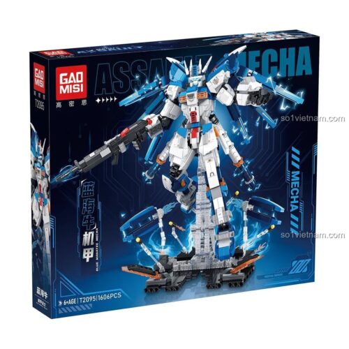 Hộp sản phẩm Robot Assault Mecha GAOMISI T2095, có hình ảnh robot, thông số 1606 mảnh, độ tuổi 6+, kích thước hộp 58x50x9cm