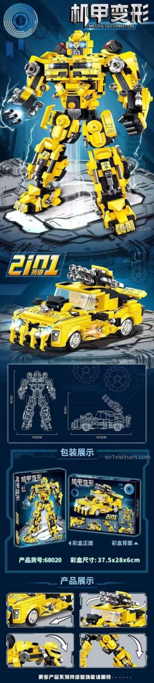 Đồ chơi mô hình Robot Biến Hình Bumblebee 68020 Generic, thể hiện tính năng biến hình 2 trong 1, kích thước mô hình, cho bé trai 6 tuổi