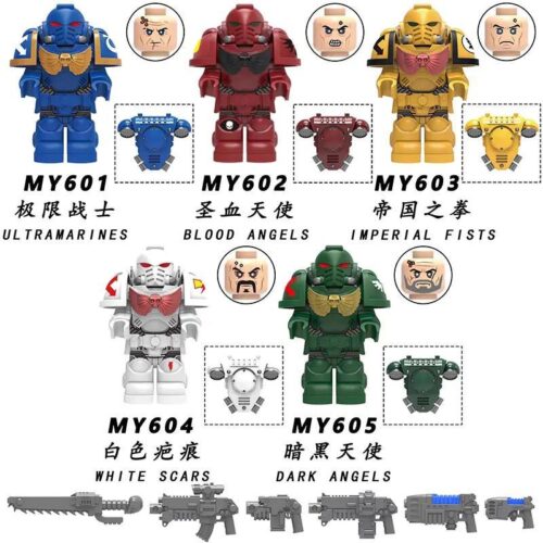 bộ đồ chơi Minifigure Warhammer 40,000 White Scars và bộ lắp ghép Generic Brand MY604, mô tả chi tiết 5 minifigure Warhammer 40K với giáp và vũ khí, phù hợp bé trai 8 tuổi, giá tốt.