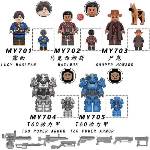 Bộ đồ chơi Bộ 5 Minifigures Fallout Generic MY704 giá rẻ cho bé trai 8 tuổi, mô tả chi tiết các nhân vật game Fallout và giáp T60 Power Armor, tái hiện thế giới hậu tận thế.