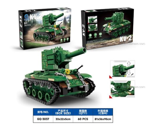 Hộp sản phẩm bộ đồ chơi lắp ghép xe tăng KV-2 GOQI GQ-3037, có hình ảnh mô hình xe tăng, thông số 342 mảnh, độ tuổi 6+, giá tốt