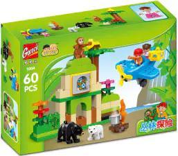 Hộp đồ chơi GOROCK 1004 Thám Hiểm Rừng Xanh với 60 chi tiết, phù hợp cho bé 3 tuổi, có máy bay và các loài động vật như gấu, khỉ, khuyến khích sáng tạo và phát triển trí tuệ.