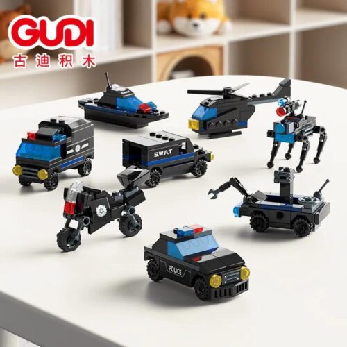 GUDI 40406 Bộ đồ chơi xe bọc thép chống bạo động 8 trong 1, mô hình xe cảnh sát, SWAT, robot, trực thăng, xe máy, xe vận tải, xe tuần tra, xe chơi game, đồ chơi lắp ghép cho bé trai 6 tuổi