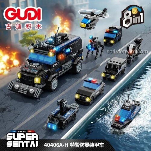 GUDI 40406 Bộ đồ chơi xe bọc thép chống bạo động 8 trong 1, mô hình xe cảnh sát, SWAT, robot, trực thăng, xe máy, xe vận tải, xe tuần tra, xe chơi game, đồ chơi lắp ghép cho bé trai 6 tuổi, giá tốt