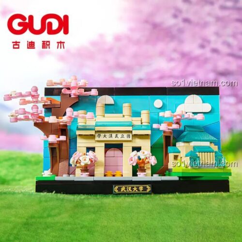 Đồ chơi mô hình GUDI 51014B Đại học Vũ Hán với hoa anh đào rực rỡ, quà tặng giáo dục cho con trai, con gái.