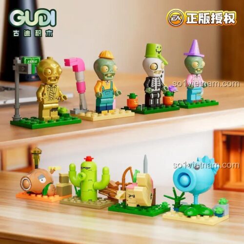 Các nhân vật Plants vs Zombies được lắp ráp từ bộ đồ chơi GUDI 60031, bao gồm zombie và các loại cây, phù hợp cho bé 8 tuổi.