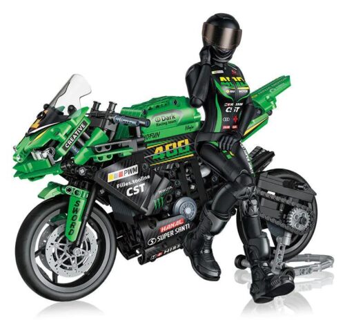 Mô hình Xe máy Ninja Đêm Tốc độ GUDI 70006 với figure Ninja, 908 chi tiết, màu xanh lá và đen, kiểu Technic, phù hợp cho bé trai 10 tuổi