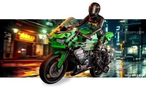Mô hình Xe máy Ninja Đêm Tốc độ GUDI 70006 trong bối cảnh đường phố ban đêm, có figure Ninja, 908 chi tiết, màu xanh lá và đen, kiểu Technic