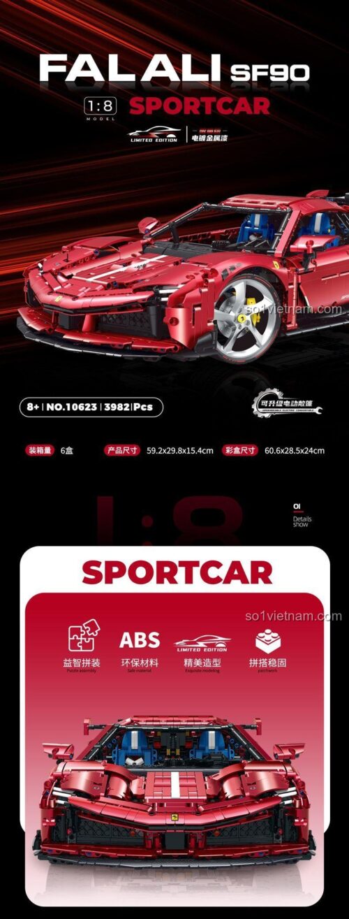 Chi tiết bộ lắp ráp siêu xe Ferrari SF90 XX GULY 10623, tỉ lệ 1:8, 3982 mảnh ghép, màu đỏ